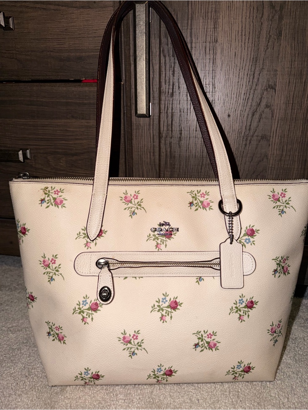 Coach Cream Floral Pebble Leather Tote with Brown Straps